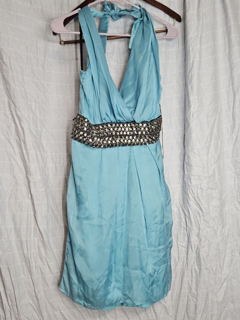 Aqua Halter Mini Dress with Jeweled Waistband